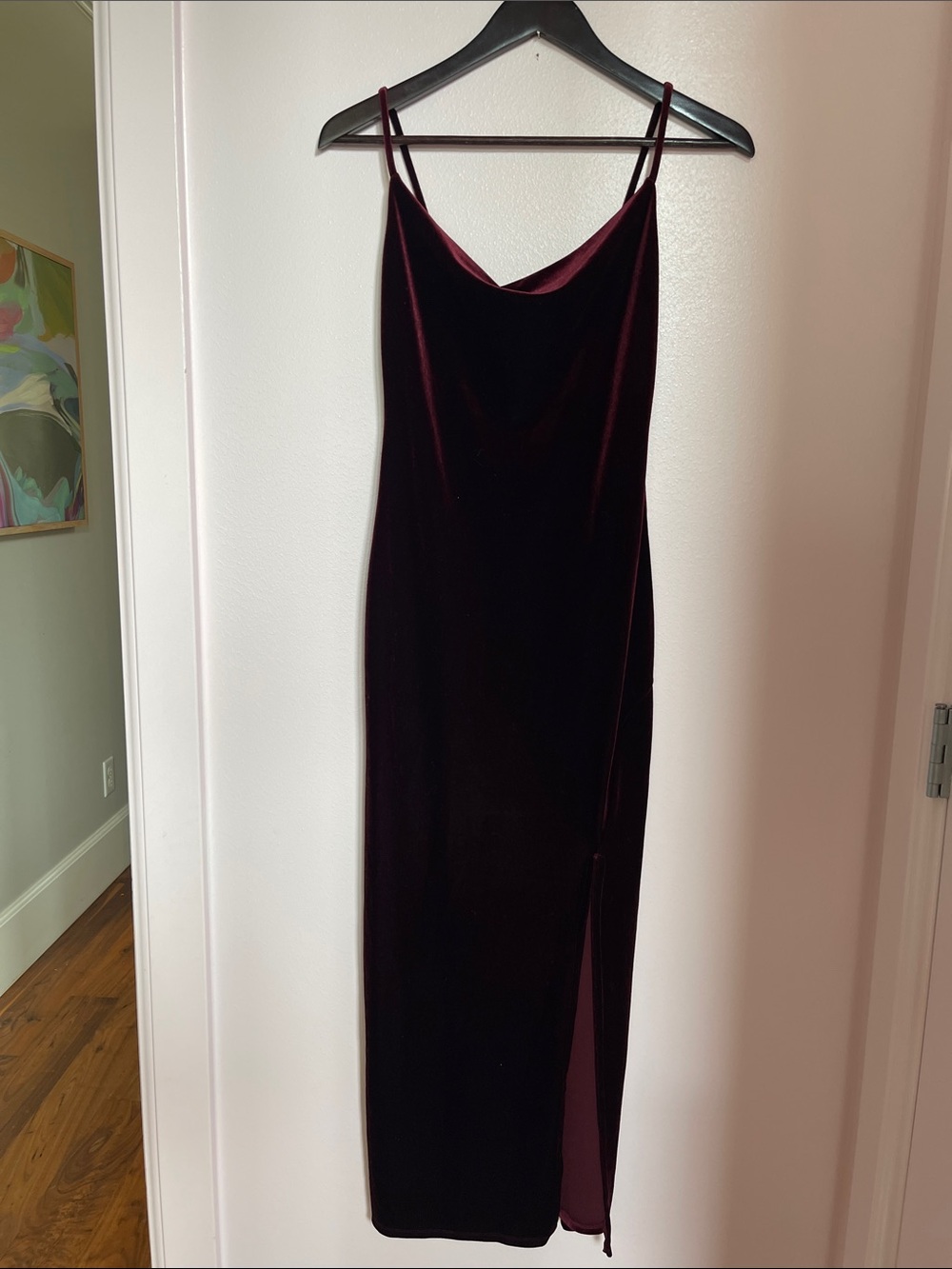 Satin-Trim Velvet Maxi Slip Dress in Deep Burgundy